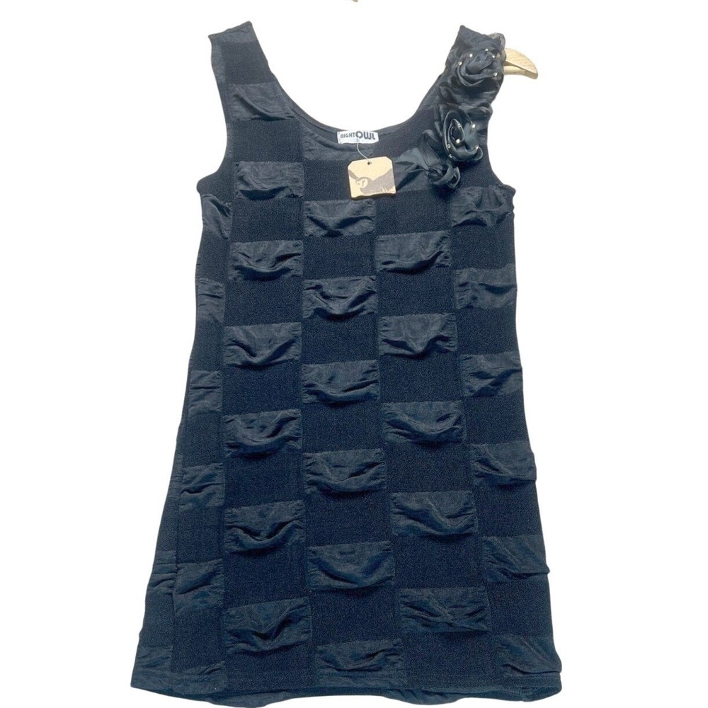 Night Owl Black Textured Checkerboard Mini Dress 3D Floral Shoulder Studs S Y2K